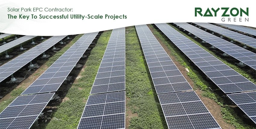 A utility-scale solar park built by Rayzon Green, showcasing large-scale EPC execution under clear blue skies.