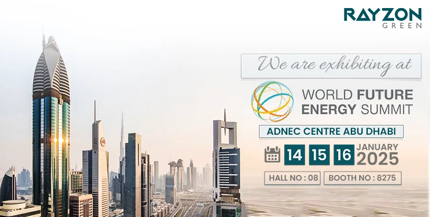 Rayzon Green showcasing solar EPC innovations at World Future Energy Summit 2025, Booth 8275, focusing on sustainability and advanced solar technology.